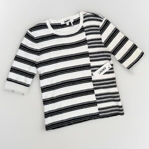 DKNY Womens Size Large White and Navy Ribbed Striped Knit Shirt Elbow Sleeve NEW